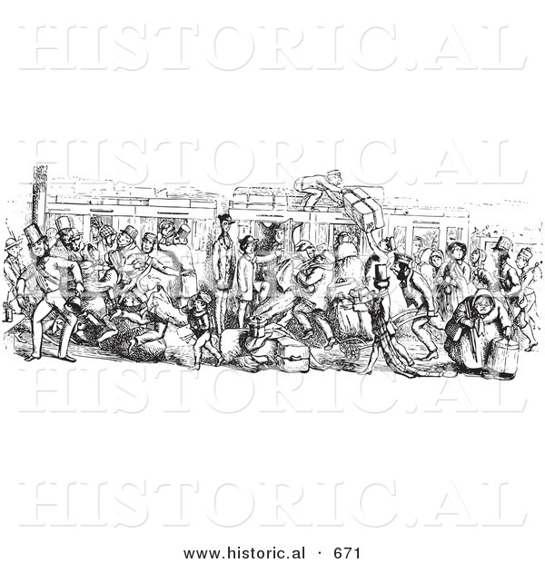 Historical Vector Illustration of a Retro Mail Train Surrounded with People - Black and White Version Retro Mail Train Surrounded with People