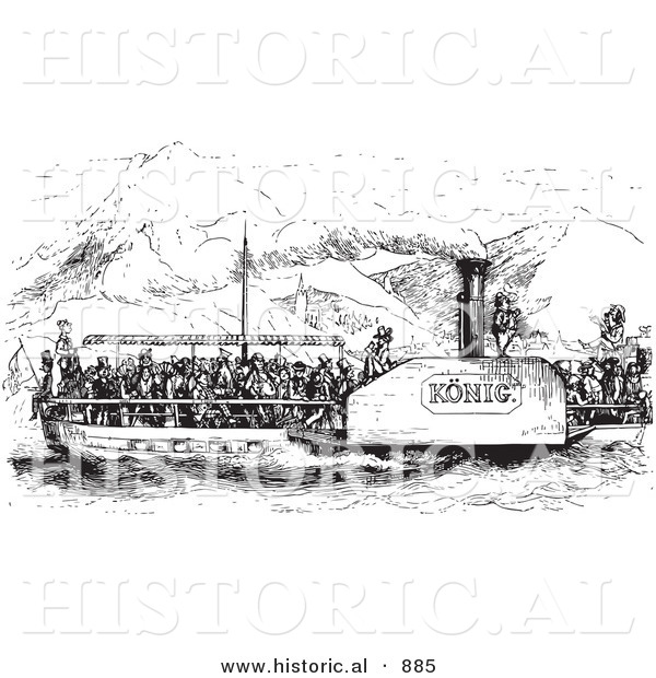 Historical Vector Illustration of a Rhine Boat Crowded with People - Black and White Version