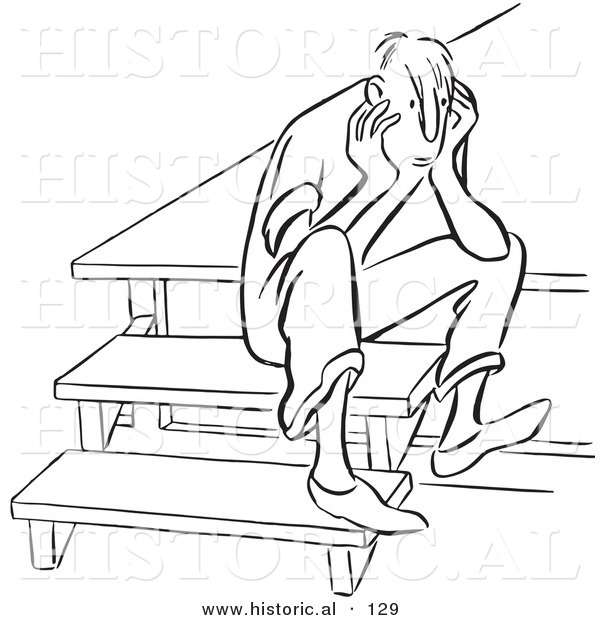 Historical Vector Illustration of a Sad Young Man Sitting on Steps Thinking While Staring - Black and White Outlined Version