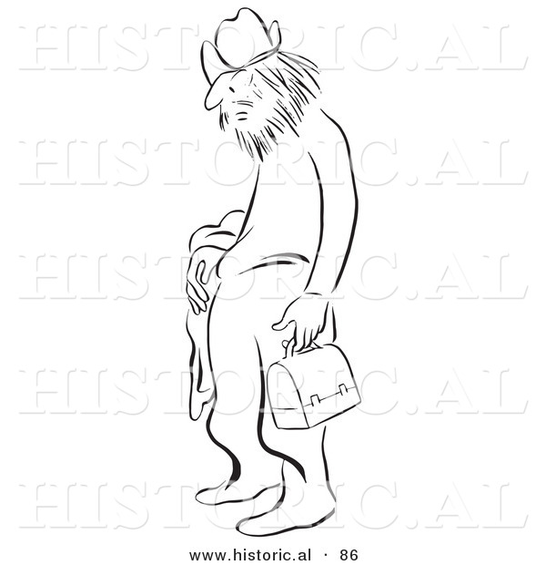 Historical Vector Illustration of a Shaggy Man Standing and Waiting - Black and White Version