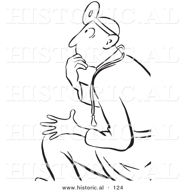 Historical Vector Illustration of a Shocked Cartoon Doctor Thinking While Staring - Black and White Outlined Version
