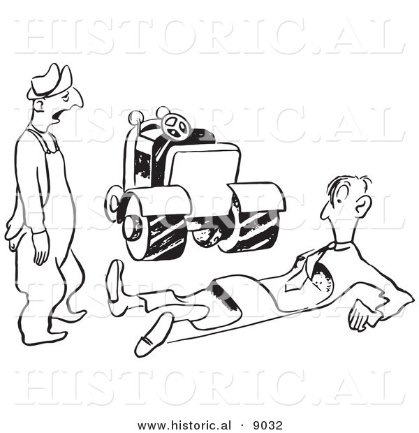 Historical Vector Illustration of a Shocked Cartoon Farmer Looking at a Injured Man Lying on the Ground with Tractor Tire Marks Through His Body - Black and White Outlined Version