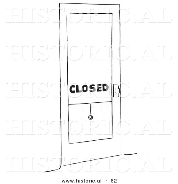 Historical Vector Illustration of a Shop with Closed Sign on Door - Black and White Version