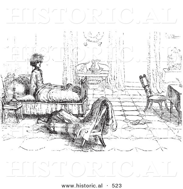 Historical Vector Illustration of a Sleepless Man Bothered by Mosquitoes in His Bedroom - Black and White Version
