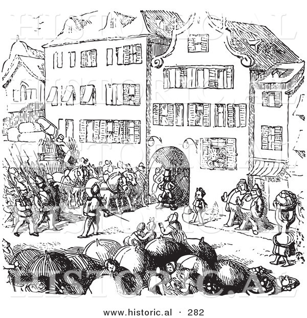 Historical Vector Illustration of a Soldiers on a Street - Black and White Version