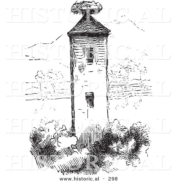 Historical Vector Illustration of a Stork Nest on a Tower - Black and White Version