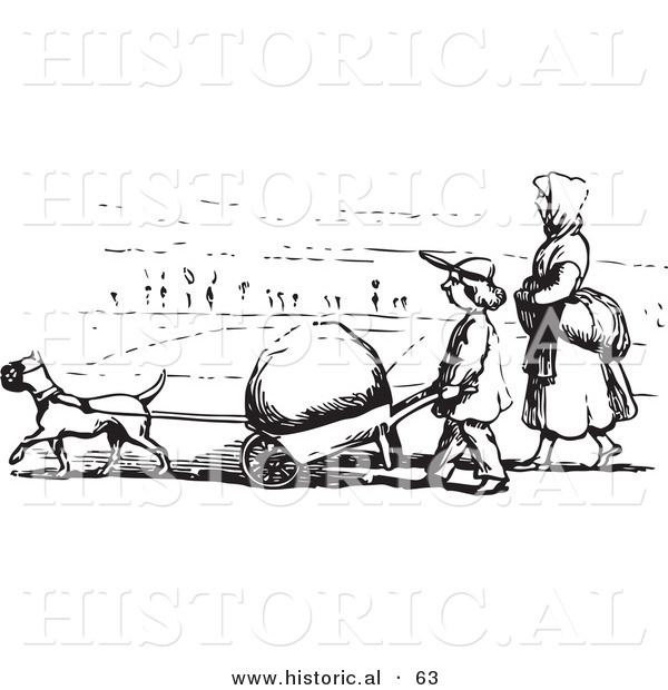 Historical Vector Illustration of a Strong Dog Pulling a Boulder in a Wheel Barrow - Black and White Version