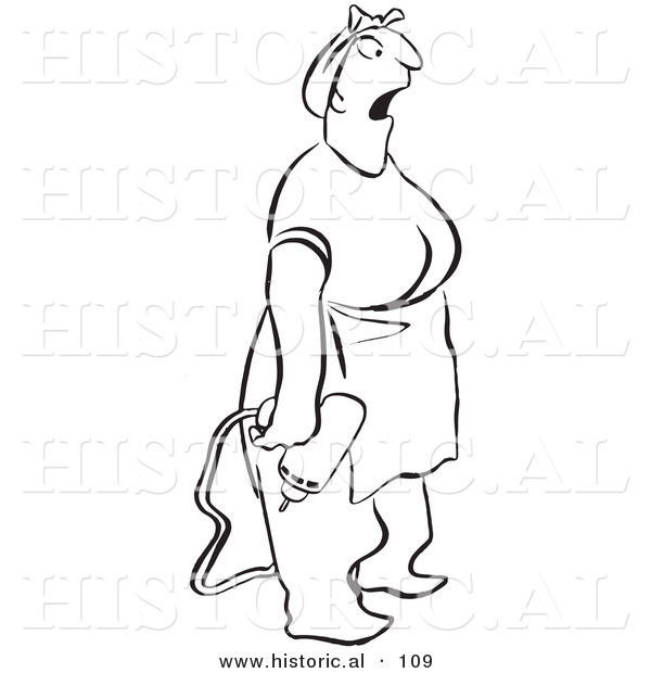 Historical Vector Illustration of a Surprised Cartoon Woman Holding a Power Drill While Staring at Something - Black and White Outlined Version