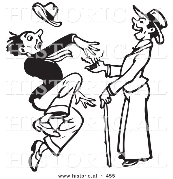 Historical Vector Illustration of a Surprised Retro Man Getting Shocked by a Prank Buzzer Palm Toy - Outlined Version