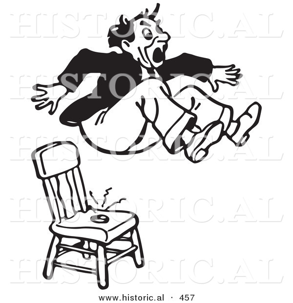Historical Vector Illustration of a Surprised Retro Man Jumping out of a Shocker Prank Chair - Black and White Version