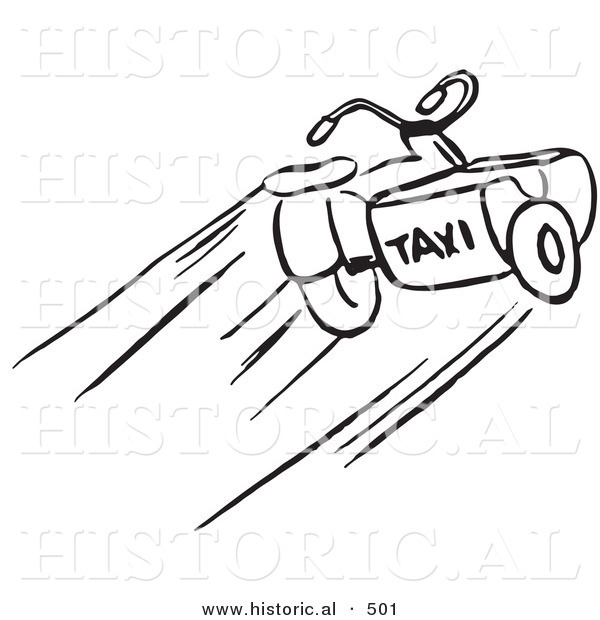 Historical Vector Illustration of a Taxi Motorcycle with Sidecar - Black and White Outlined Version