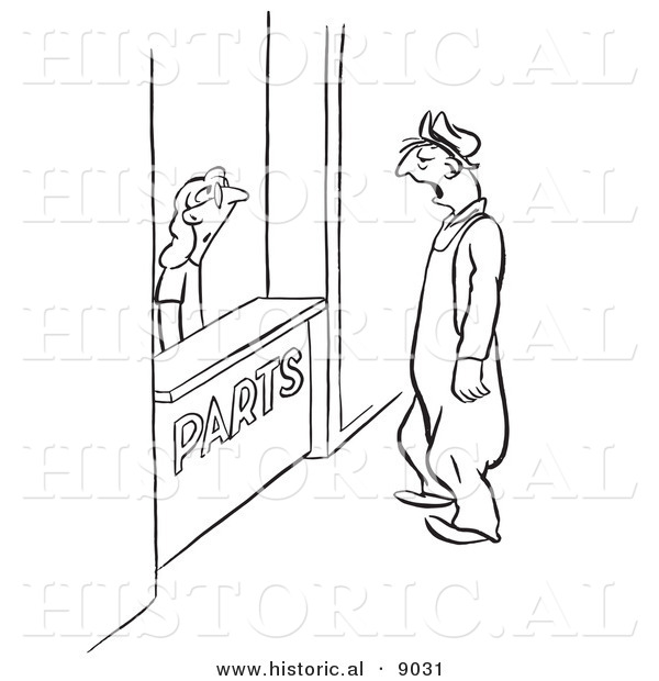 Historical Vector Illustration of a Tired Cartoon Male Worker Talking to a Woman Working at a Parts Store - Black and White Outlined Version