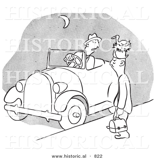 Historical Vector Illustration of a Tired Cartoon Male Worker Waiting a Long Time for a Ride to Work - Black and White Outlined Version