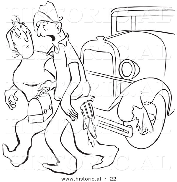 Historical Vector Illustration of a Tired Cartoon Worker Man Losing Part of His Pants on a Car While Walking with a Lady - Black and White Version