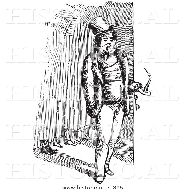 Historical Vector Illustration of a Tired Man Yawning While Standing and Holding a Lit Candle at Night - Black and White Version