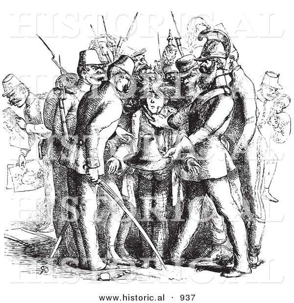 Historical Vector Illustration of a Traveler Getting Arrested for Having an Illegal Hat - Black and White Version