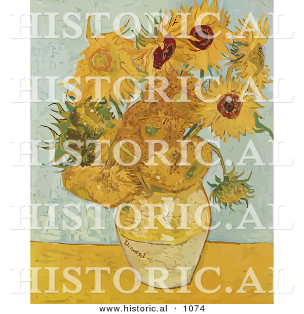 Historical Vector Illustration of a Vase with 12 Sunflowers - Vincent Van Gogh Still Life Painting
