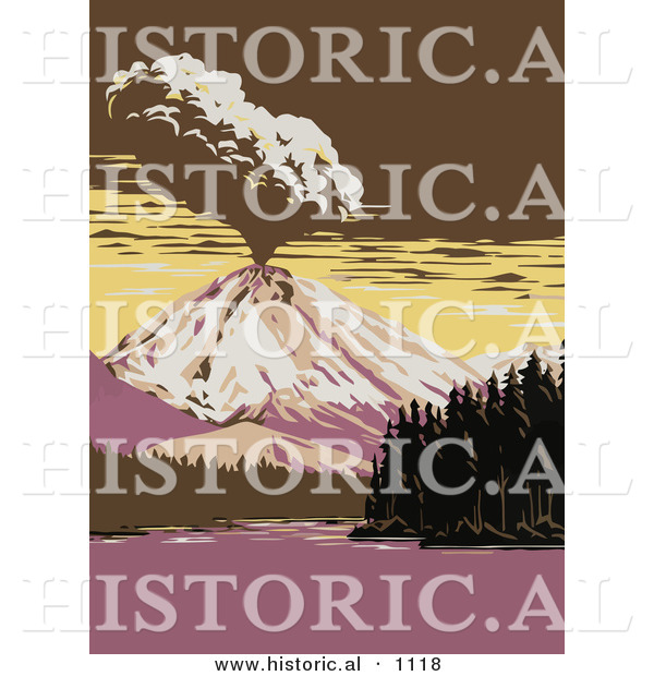 Historical Vector Illustration of a Volcano Exploding Beside Manzanita Lake in Lassen Volcanic National Park, California