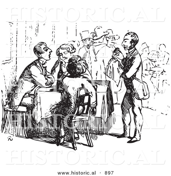 Historical Vector Illustration of a Waiter Assisting Tired Travelers - Black and White Version