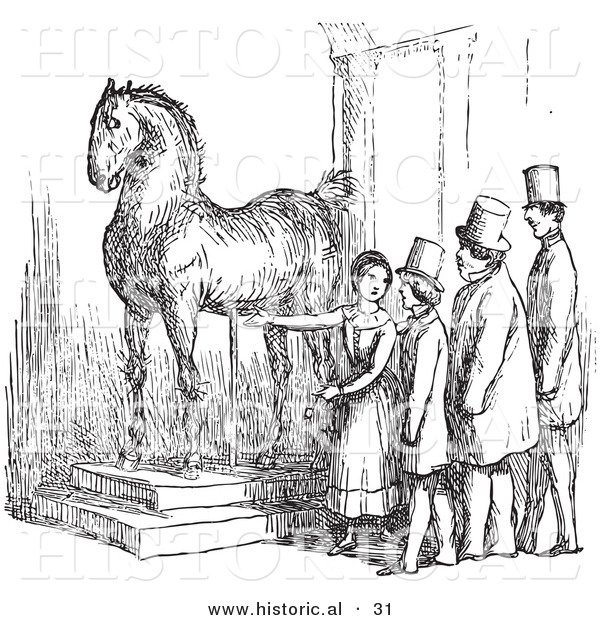 Historical Vector Illustration of a Woman Presenting Wallenstein's Horse Statue - Black and White Version