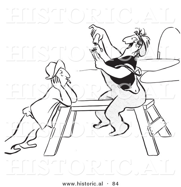 Historical Vector Illustration of a Worker Woman Sitting on a Saw Horse While Rolling a Cigarette - Black and White Version