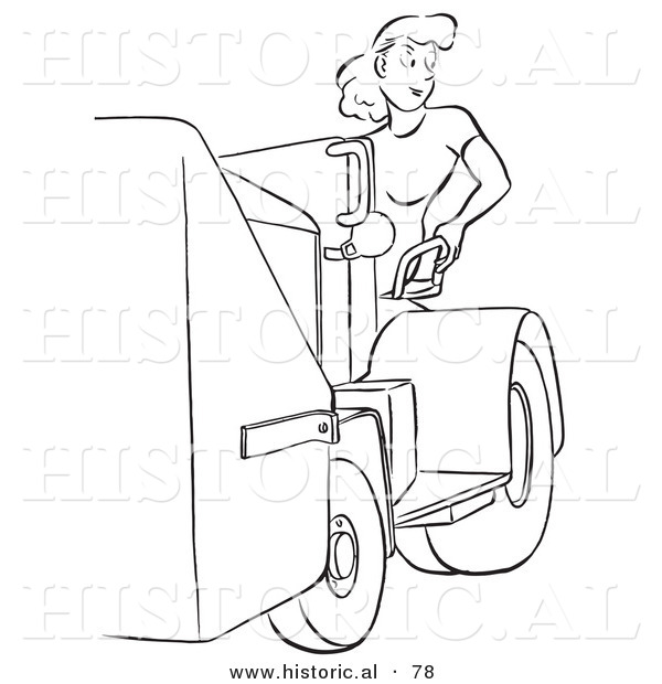 Historical Vector Illustration of a Young, Attractive Female Worker Operating a Machine with a Smile - Black and White Version