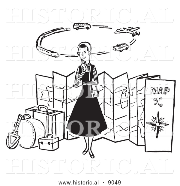 Historical Vector Illustration of a Young Lady Thinking About Different Ways of Traveling the World - Black and White