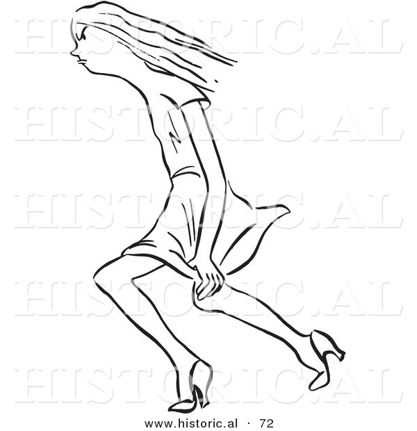 Historical Vector Illustration of a Young Lady Trying to Keep Her Dress down While Walking Through Windy Weather - Black and White Version