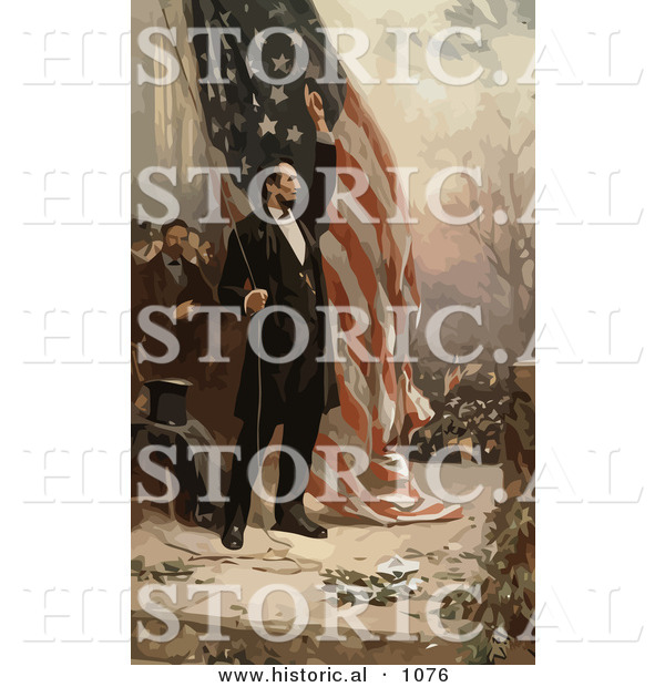 Historical Vector Illustration of Abraham Lincoln Raising an American Flag