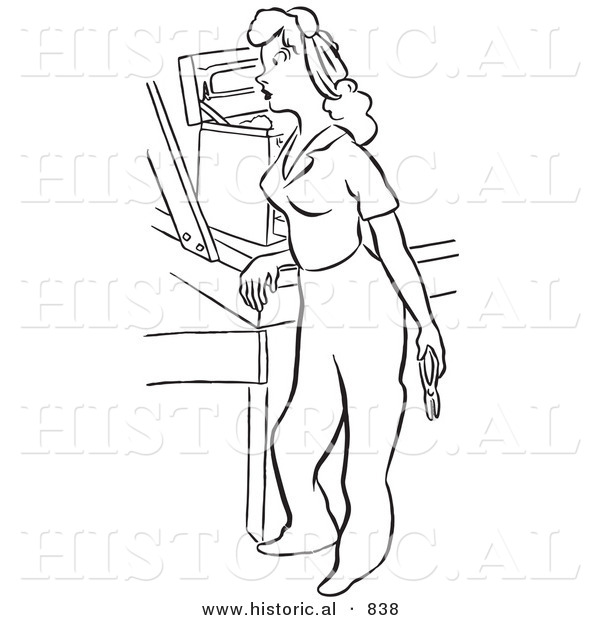 Historical Vector Illustration of an Alerted Cartoon Female Worker Standing Beside a Tool Box While Staring at Something - Black and White Outlined Version
