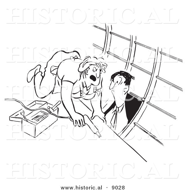 Historical Vector Illustration of an Angry Cartoon Female Airplane Factory Worker Staring down a Distracting Man Popping in - Black and White Outlined Version