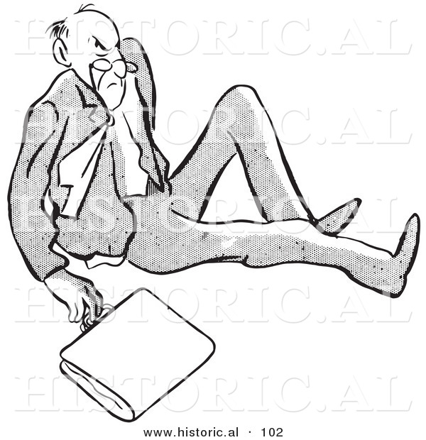 Historical Vector Illustration of an Angry Cartoon Man After Falling on the Ground with a Briefcase- Black and White Outlined Version