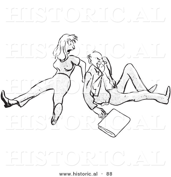 Historical Vector Illustration of an Angry Cartoon Man and Woman After Falling on the Floor - Black and White Version