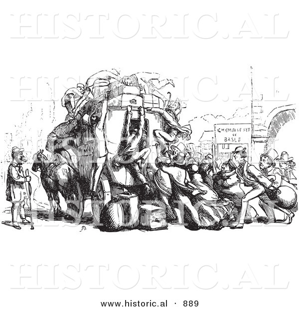 Historical Vector Illustration of an Angry Crowd of People Attacking an Omnibus - Black and White Version