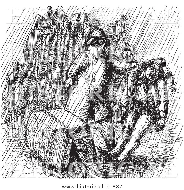 Historical Vector Illustration of an Angry Man Attacking a Porter for Dropping His Luggage - Black and White Version