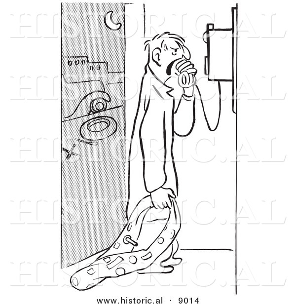 Historical Vector Illustration of an Angry Man with a Flat Tire Yelling into a Phone for Help - Black and White Outlined Version
