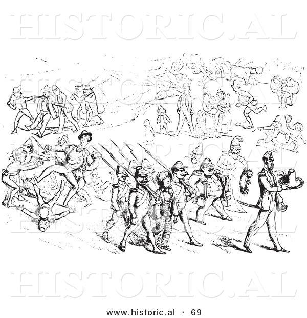 Historical Vector Illustration of an Argument Between Men and Soldiers - Black and White Version