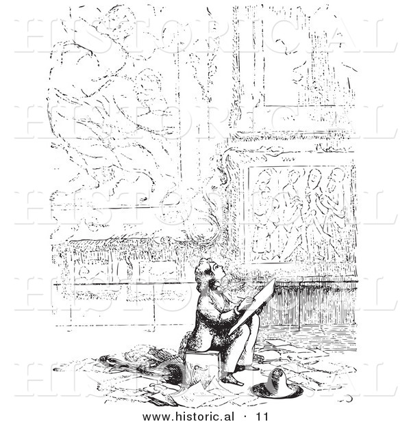 Historical Vector Illustration of an Artist Sketching While Seated in a Big Room - Black and White Version