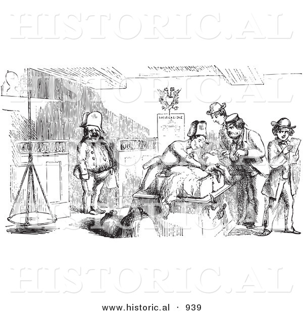 Historical Vector Illustration of an Inspector Checking Passenger's Luggage - Black and White Version
