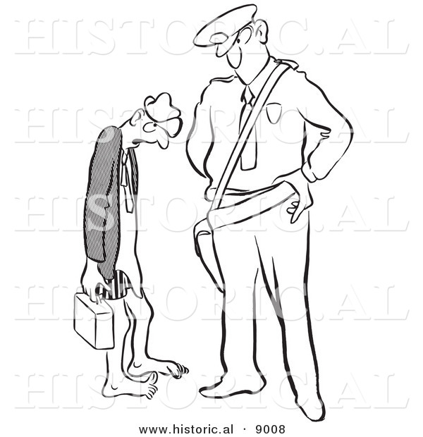 Historical Vector Illustration of an Intimidating Cartoon Police Officer Staring at an Embarrassed Man Who Forgot Pants to Put Pants on Before Leaving Home - Black and White Outlined Version