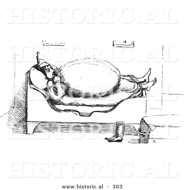 Historical Vector Illustration of an Obese Man Sleeping on a Bed - Black and White Version