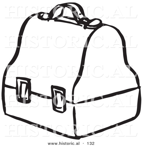 Historical Vector Illustration of an Old Fashioned Lunch Box - Black and White Outlined Version