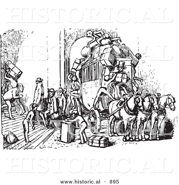 Historical Vector Illustration of an Omnibus Full of People Arriving at a Hotel - Black and White Version