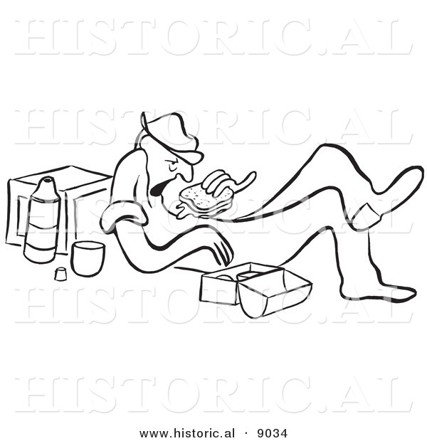 Historical Vector Illustration of an Unhappy Cartoon Man Eating a Sandwich for Lunch - Black and White Outlined Version