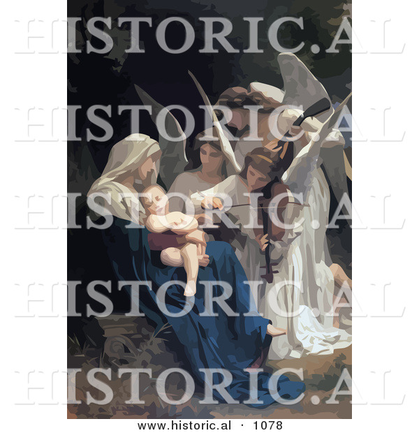 Historical Vector Illustration of Angels Playing Music for a Newborn Baby