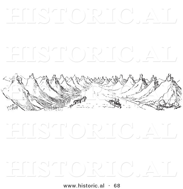 Historical Vector Illustration of Boats on the Rhine River - Black and White Version