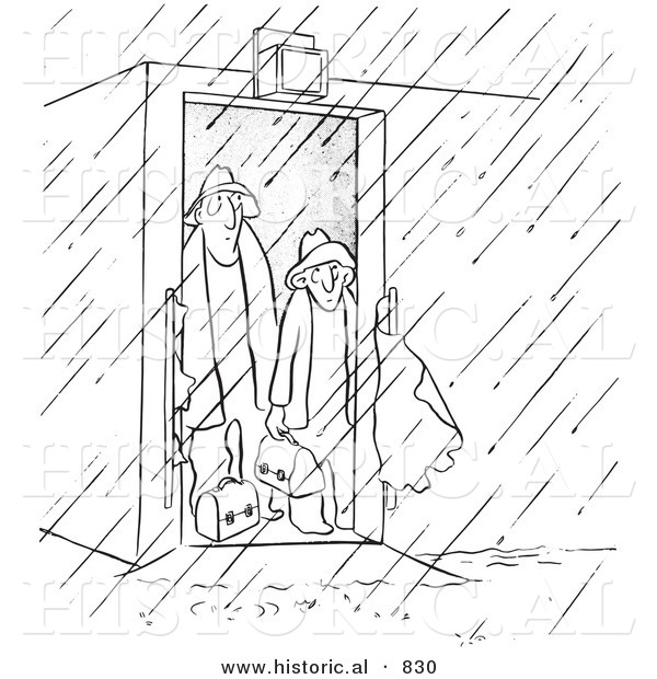 Historical Vector Illustration of Cartoon Male Workers Standing Inside an Opened Door Looking out into a Rain Storm - Black and White Outlined Version