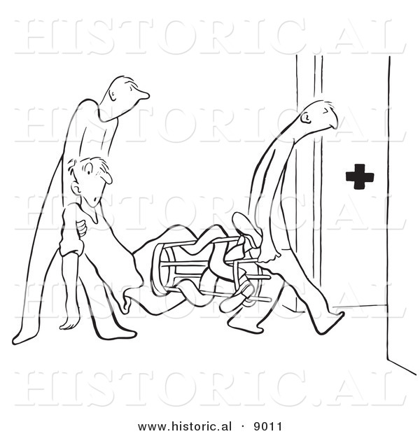 Historical Vector Illustration of Cartoon Medics Carrying a Twisted Man to an Emergency Medical Room - Black and White Outlined Version