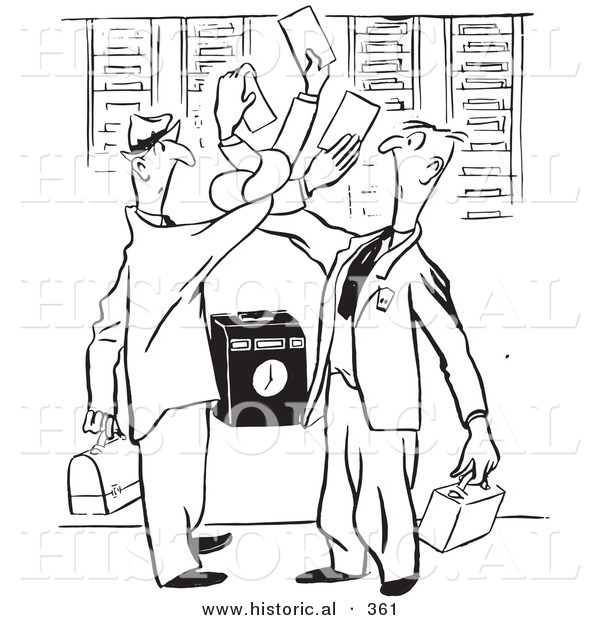 Historical Vector Illustration of Cartoon Men Getting Arms Tangled While Trying to Clock in at Work - Outlined Version