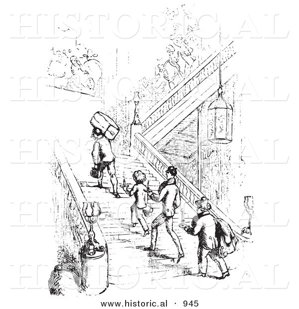 Historical Vector Illustration of Customers Walking up Hotel Stairs - Black and White Version